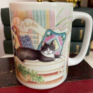Vintage Black & White Tuxedo Cat Kitten Plant & Bench Otagiri Fraser Ceramic Mug